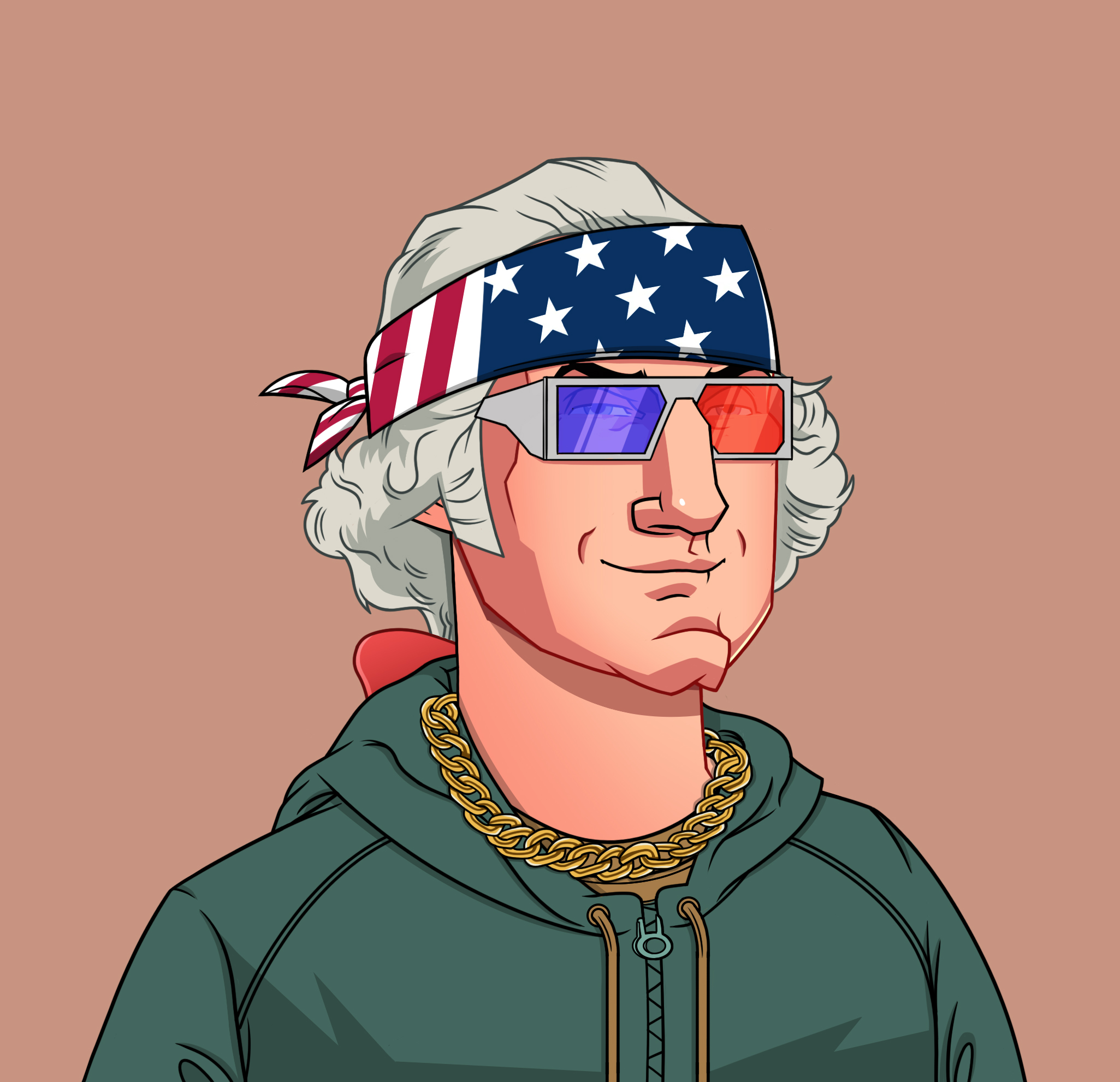 OG George Washington NFT - Hoodie Chain Bandana and 3d Glasses Smirk